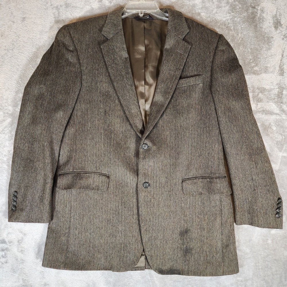 Jos A Bank Blazer Men' 44L 100% Wool Brown Houndstooth 2 Button Sports Coat